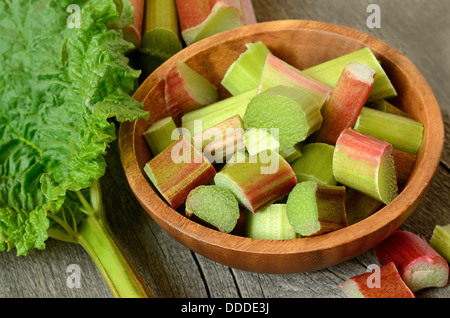 Frischen Rhabarber in braunen Schüssel auf hölzernen Gartentisch Stockfoto