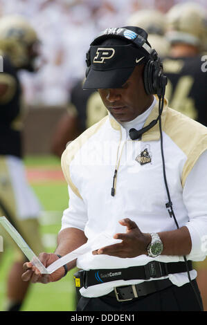 Cincinnati, Ohio, USA. 31. August 2013. Purdue Boilermakers Cheftrainer Darrell Hazell blickt auf sein Blatt spielen während der NCAA Football-Spiel zwischen der Purdue Boilermakers und die Cincinnati Bearcats Nippert Stadium. Bildnachweis: Csm/Alamy Live-Nachrichten Stockfoto