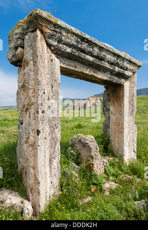 Alte steinerne Tor auf dem Gelände des griechisch-römischen Stadt Hierapolis in Pamukkale, Türkei Stockfoto