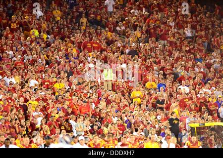 31. August 2013 - Ames, Iowa, Vereinigte Staaten von Amerika - 31. August., 2013: ein Fan mit ISU Helme während der NCAA Football-Spiel zwischen den Iowa State Zyklonen und Northern Iowa Panthers im Jack Trice Stadium in Ames, Iowa... KE-Lu/CSM Stockfoto