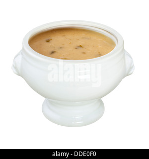 Lauch und Potyato Suppe - eine Schüssel mit Lauch und Kartoffel Suppe in einer Löwen Kopf Schüssel auf einem weißen Hintergrund, von vorne nach hinten Fokus Stockfoto