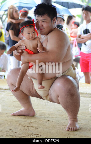 Ringer und Babys nehmen Teil in einem Sumo-Event am Matsuo Taisha Schrein in Kyoto, Japan. Stockfoto