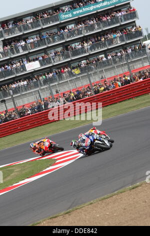 Silverstone, Northants, Großbritannien 1. September 2013 der britischen HERTZ - Moto-GP-Lorenzo, Yamaha führt von Marquez, Honda, Honda und Pedrosa Stockfoto