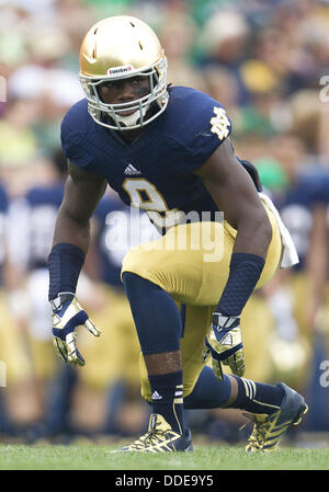 31. August 2013 - South Bend, Indiana, Vereinigte Staaten von Amerika - 31. August 2013: Notre Dame Linebacker Jaylon Smith (9) während der NCAA Football Spiel Action zwischen den Notre Dame Fighting Irish und die Tempel-Eulen im Stadium der Notre Dame in South Bend, Indiana. Notre Dame besiegte Tempel 28-6. Stockfoto