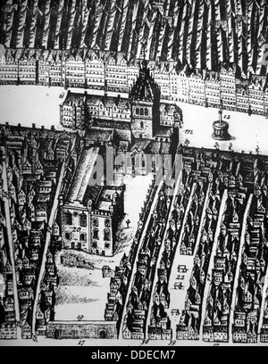St. Giles Kirk und Parlamentsgebäude von James Gordon der Rothiemay Karte von Edinburgh 1647 Stockfoto