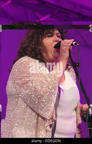 1. September 2013. Derby, Großbritannien. Cheryl Fergison führt mit dem Orchester Sinfonia Viva bei The Darley Park Konzert 2013.  Präsentiert von Derby LIVE in Partnerschaft mit dem East Midlands Sinfonia Viva-Orchester, Classic FM und Rolls-Royce, Darley Park Konzert gehört Großbritanniens größten klassischen Freiluftkonzerte. Cheryl Fergison wird als Geist der Bohnen neben Marcus Collins als in Derby LIVE Weihnachtsmärchen 2013, Jack and the Beanstalk Jack Stern. © Deborah Vernon/Alamy Live-Nachrichten Stockfoto