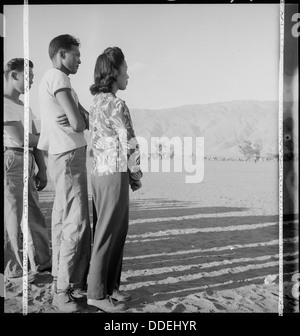 Evakuierten im Manzanar Relocation Center in Kalifornien werden am späten Nachmittag bei einem Ballspiel beobachtet. Dieses Bild fängt einen Moment der Erholung für Individuen ein, die während des Zweiten Weltkriegs interniert wurden Stockfoto