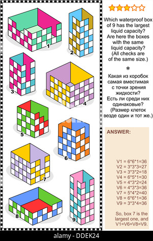 Visuelle Mathe-Puzzle: die Box hat die größte flüssige Kapazität? Sind hier die Felder mit der gleichen Flüssigkeit Kapazität? Antwort enthalten Stockfoto
