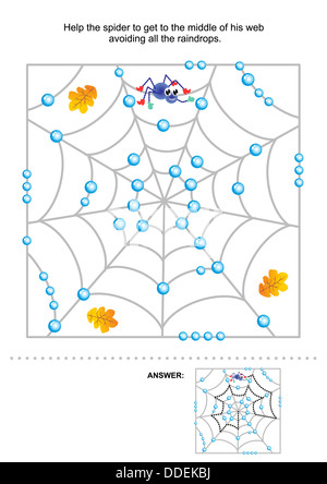Labyrinth Spiel für Kinder: die Spinne kommt man in die Mitte seiner Web die Regentropfen zu vermeiden helfen. Antwort enthalten. Stockfoto