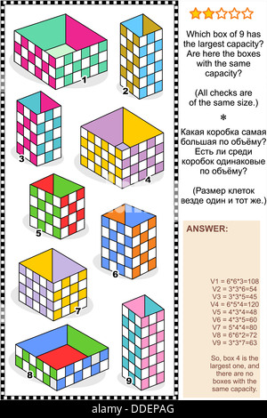 Visuelle Mathe-Puzzle: die Box hat die größte flüssige Kapazität? Sind hier die Felder mit der gleichen Flüssigkeit Kapazität? Antwort enthalten Stockfoto