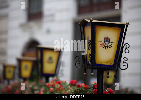 Lampen befestigt außen Geländer für eine Gastwirtschaft in Wien Österreich Stockfoto