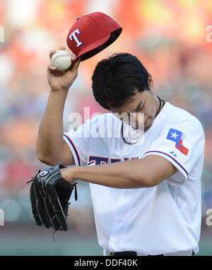 Yu Darvish (Rangers), 30. August 2013 - MLB: Krug Yu Darvish der Texas Rangers während der Major League Baseball Spiel gegen die Minnesota Twins bei Rangers Ballpark in Arlington in Arlington, Texas, Vereinigte Staaten von Amerika. (Foto: AFLO) Stockfoto