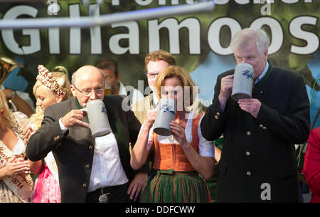 Die Premiere von Bayern und Parteivorsitzender der CSU, Horst Seehofer (R), trinkt ein Bier mit seiner Frau Karin und das Regionalparlament Stellvertreter Martin Neumeyer (L, CSU) auf dem Volksfest Gillamoos in Abensberg, Deutschland, 2. September 2013. der Gillamoos ist eines der größten und ältesten Volksfeste in Niederbayern mit einem traditionellen politischen Austausch von Wörtern. Foto: PETER KNEFFEL Stockfoto