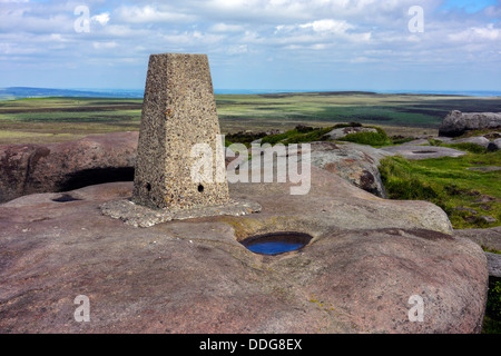 Beton-Trig-Punkt auf Stanage Edge, Derbyshire Stockfoto