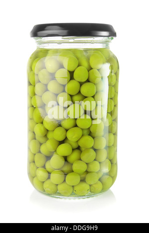 Grüne Erbsen in einem Glas aufbewahrt Stockfoto