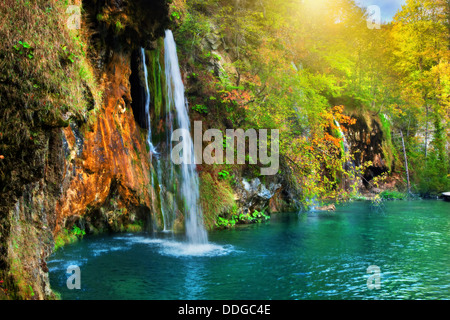 Wasserfall in einem Wald im Plitvice Lakes National Park, Kroatien, Europa Stockfoto
