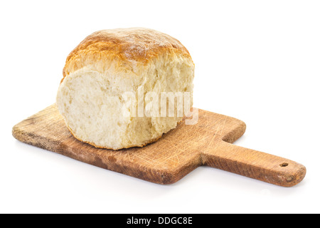 Ein Viertel der vier Brötchen Brot auf alten Schneidebrett, high-key Stockfoto