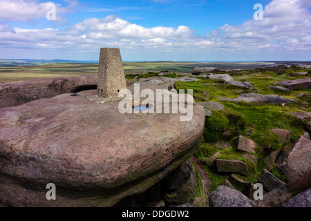 Beton-Trig-Punkt auf Stanage Edge, Derbyshire Stockfoto