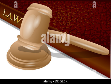 Gesetzbuch und Hammer isoliert auf weiss Stockfoto