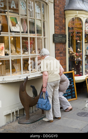 Zwei Frauen surfen Schaufenster an der High Street in der Innenstadt von York North Yorkshire England UK Stockfoto