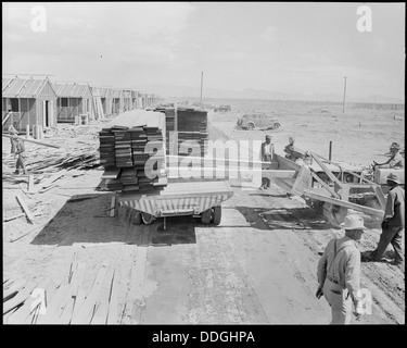 Poston, Arizona. Entladung Bauholz mit Bulldozer in den Bau von Kasernen für evakuierte von Jap... 536070 Stockfoto