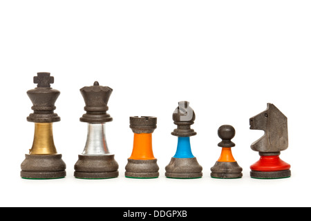 Heraldische Figuren, darunter Bauern, Ritter, Bishop, Turm, König und die Königin Stockfoto
