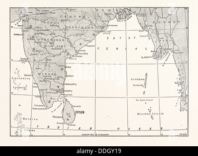 KARTE DER UNTEREN INDIEN UND CEYLON, SRI LANKA Stockfoto