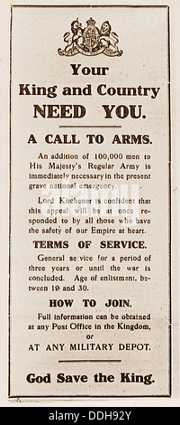 Lord Kitchener Recruitment Poster WW1 Stockfoto