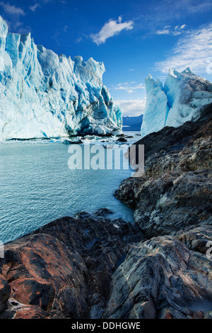 Perito Moreno Gletscher, Fels mit Gletscherschrammen, Canal de Los Témpanos Stockfoto