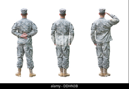US-Soldat in drei Positionen; Die Parade Rest, Achtung, salutieren. Rückansicht, isoliert auf weißem Hintergrund Stockfoto