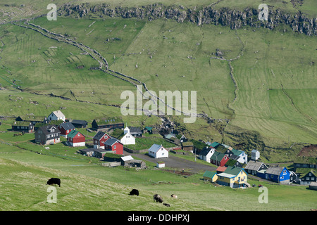 Weidende Schafe, Wiesen, Dorf Stockfoto