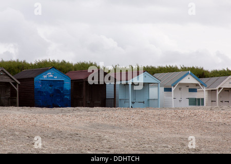 Strandhütten auf West Wittering Strand, West Sussex, England, Vereinigtes Königreich. Stockfoto