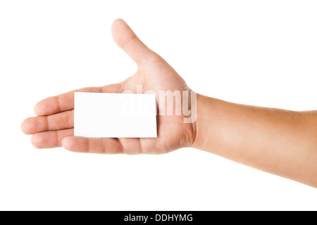 Visitenkarte in die Hand des Mannes auf weißem Hintergrund Stockfoto