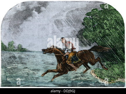 Slave der Ohio River Crossing auf Pferd seines Herrn, 1800. Hand - farbige Holzschnitt Stockfoto