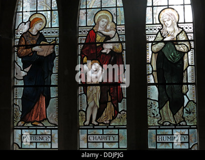 Geduld Liebe Demut Glasmalerei in einer Kirche, Süd-Fenster Str. Andrews Kirche Brympton D'Evercy Somerset England UK Stockfoto