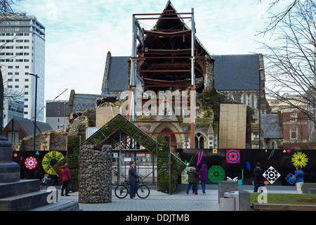 Cathedral Church of Christ, schwer beschädigt Erdbeben im Februar 2011, Cathedral Square, Christchurch, Neuseeland Stockfoto