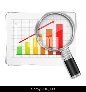 Lupe zeigt steigende Balkendiagramm Stockfoto