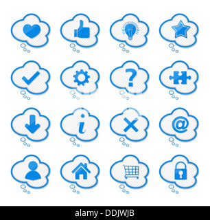 Set mit blauen Sprechblasen mit Symbolen Stockfoto