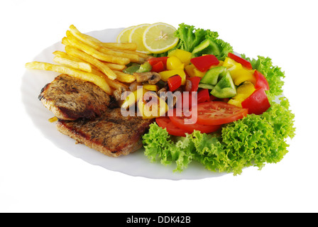 das Foto der Teller mit Essen auf weißem Hintergrund Stockfoto