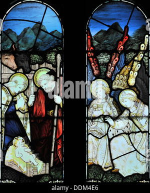 Maria, Josef und geflügelte Engel, die Feier der Geburt von Jesus, St. Leonard Kirche, Kapelle Le Dale, Yorkshire, England Stockfoto