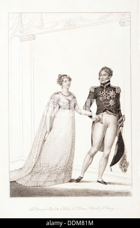 Prinzessin Charlotte und Prinz Leopold nach ihrer Hochzeit am 2. Mai 1816. Artist: Unbekannt Stockfoto