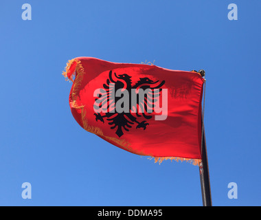 Albanische Flagge flattern im Wind gegen vor blauem Himmel Stockfoto