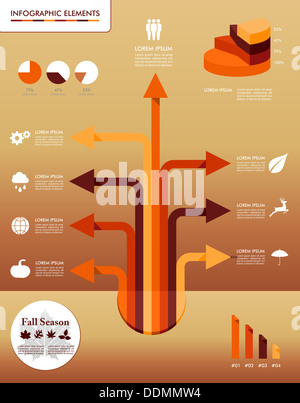 Herbstsaison Infografik Illustration Vorlage. Konzept-Pfeil-Baum mit Grafikelementen Informationen über Wetter und Jahreszeiten-Themen. Stockfoto