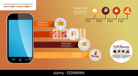 Herbstsaison Infografik Illustration Vorlage. Konzept-Smartphone-app mit Grafikelementen Informationen über Wetter und Jahreszeiten-Themen. Stockfoto