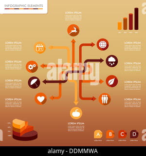 Herbstsaison Infografik Illustration Vorlage. Konzept-Netzwerk mit Grafikelementen Informationen über Wetter und Jahreszeiten Themen Pfeile. Stockfoto