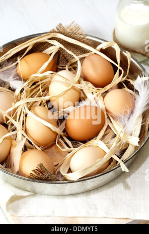 Eine flache Metallschale gefüllt mit frischen Hühnereier, umgeben von Stroh und Federn, neben einem halbvollen Flasche Milch. Stockfoto