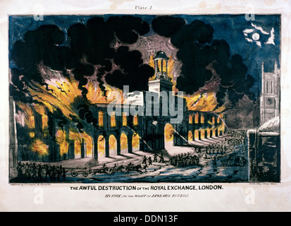 Die schreckliche Zerstörung der Royal Exchange (2.) Feuer, London, 1838. Künstler: W Schreiber Stockfoto