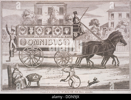 Shillibeer den ersten Omnibus von drei Pferden, London, c1830 gezogen. Künstler: Anon Stockfoto