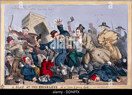 "Eine Ohrfeige für die Charleys oder Tom & Jerry Lerche, vide neue Poliece Bill", 1829-Künstler: Thomas McLean Stockfoto