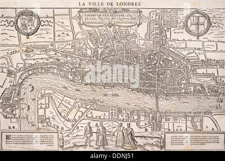 Karte von der City of London und die City of Westminster mit vier Figuren im Vordergrund (c1572?). Künstler: Anon Stockfoto